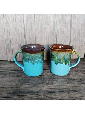 Handmade Ceramic Drip Glaze Mugs, Set Of 2, Neher Pottery, Blue Brown Drip Glaze